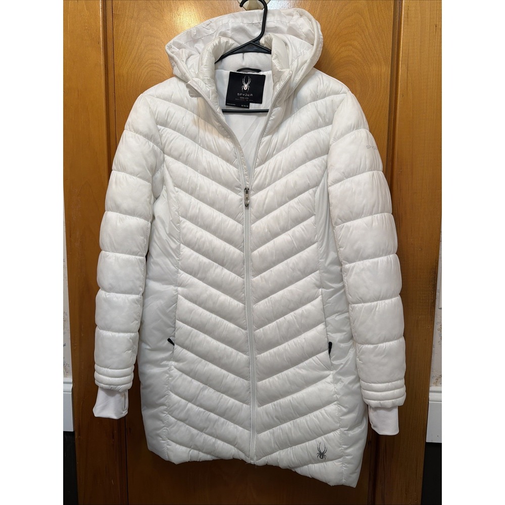 Spyder White Hooded Puffer Parka Jacket Size M Thumbhole Cuffs Winter Ski